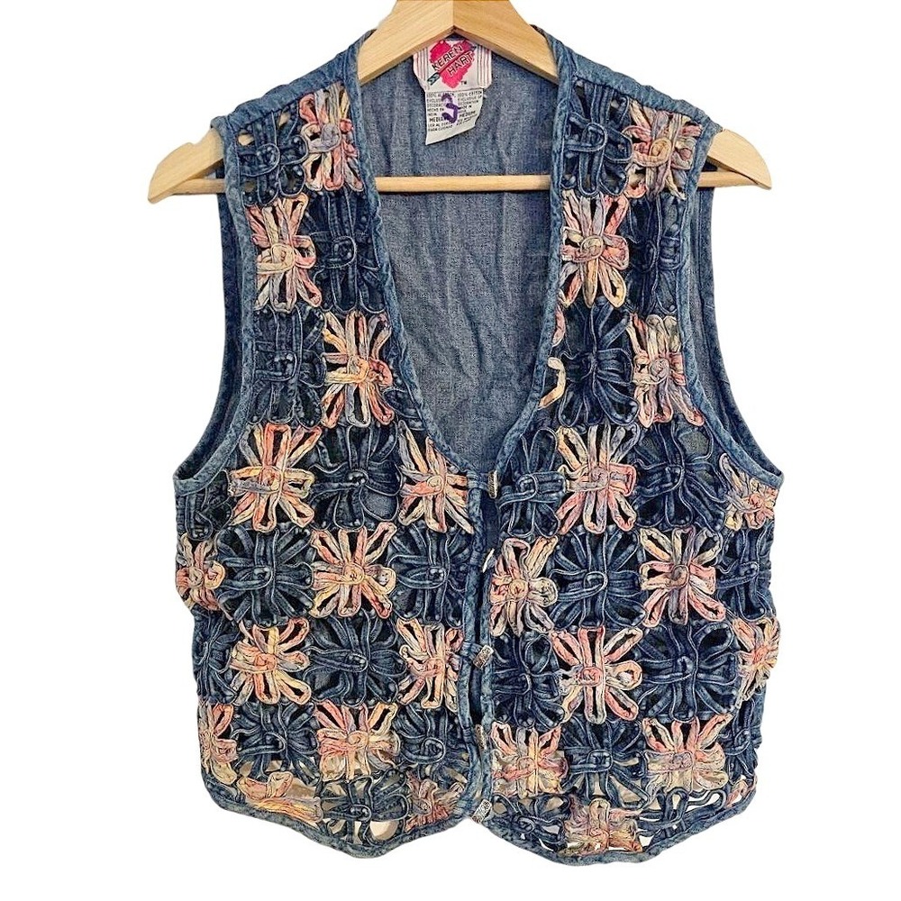 Vintage Floral Denim Vest Size Medium blue pink cotton Karen Hart